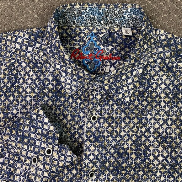 Robert Graham Shirt Men's XL Classic Fit Blue Brown White Button Down Geometric - Picture 8 of 14
